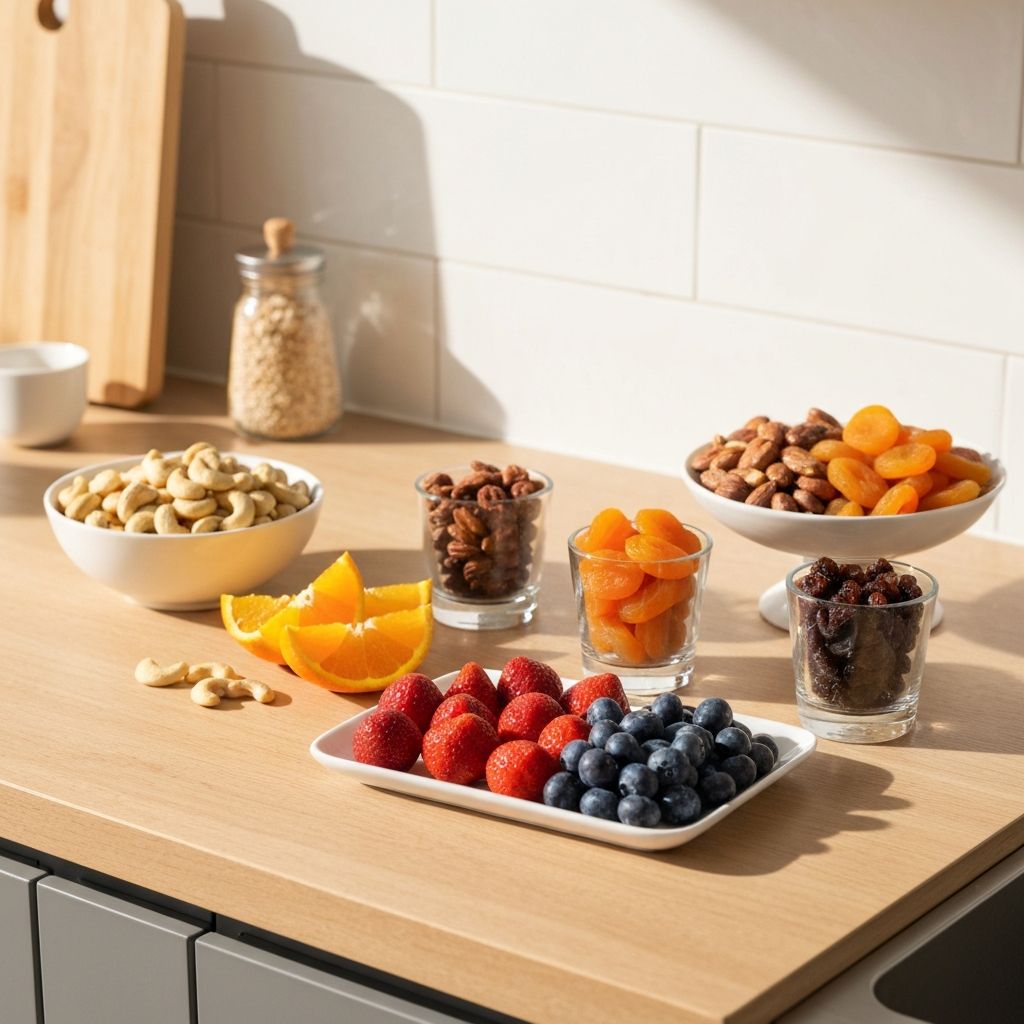 A kitchen counter with various snack options arranged neatly