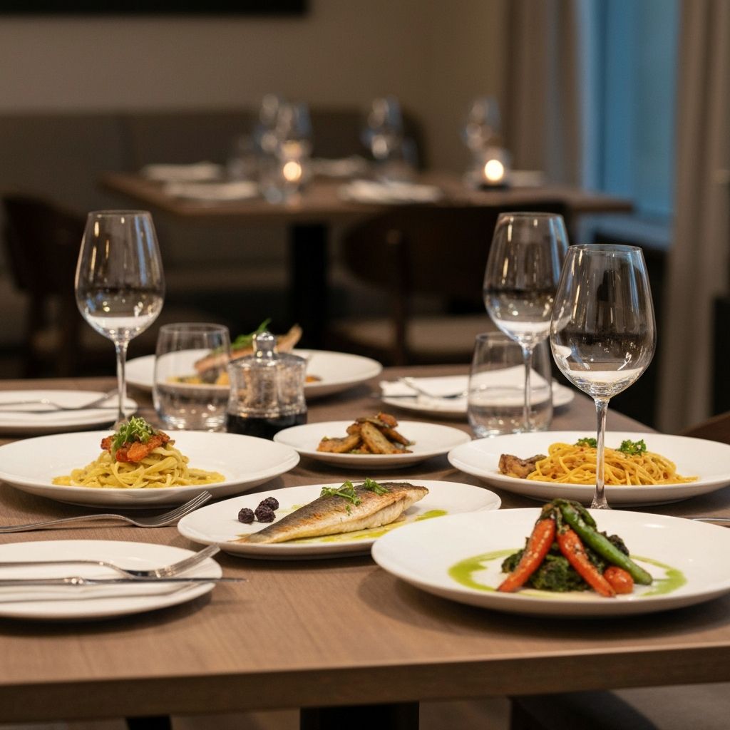 A restaurant table set for social dining with elegant place settings