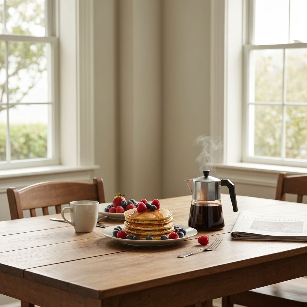 A relaxed weekend brunch table setting with pancakes and coffee
